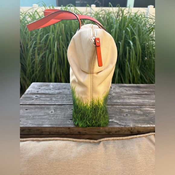 kate spade Play The Field Canvas Tote with Orange Handles and Grass Print - Picture 4 of 4